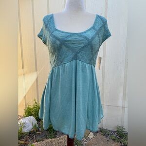 Free People Seafoam Green Short Sleeve Empire Embroidered Top Tunic Boho